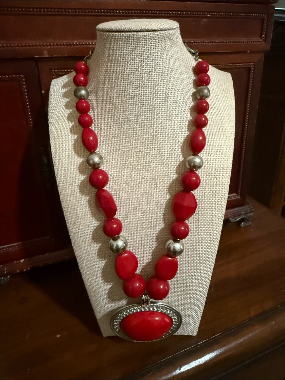 Bold Red Beaded Necklace with Silver Accents and Pendant